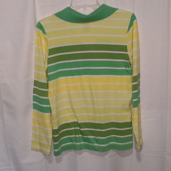 IZOD Kiwi Green Yellow Striped Long Sleeve Polo Collar Top Size Large - Picture 3 of 4